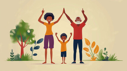 African American family happy cartoon playing sports cartoon