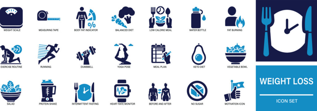 Weight loss icon set weight loss, fitness, diet, exercise, healthy lifestyle, calorie burn, fat loss, body