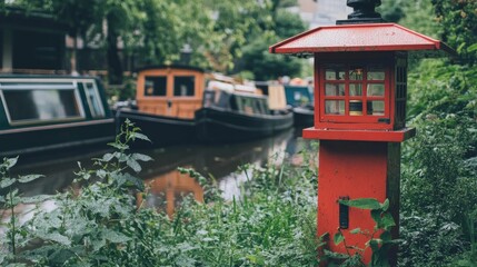 Red lantern beside canal boats, lush greenery
