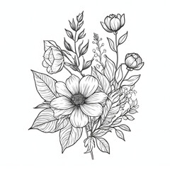 Elegant Line Art Floral Bouquet Illustration Black and White Botanical Drawing