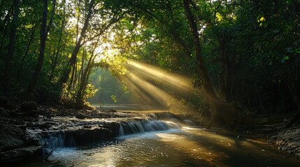 Obraz premium The sunlight breaking through the trees, casting a warm glow over the stream that runs from Haew Suwat Waterfall.