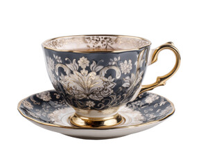 Elegant tea cup with intricate floral design and gold accents on a transparent background, cut out