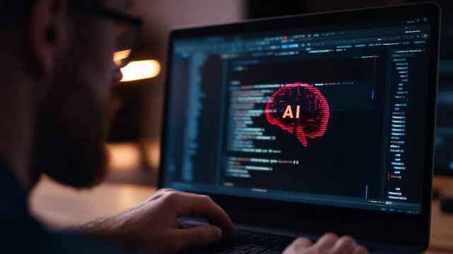 Exploring advanced AI programming techniques on a laptop in a dimly lit workspace. A person is focused on coding artificial intelligence algorithms on a laptop in a modern workspace at night