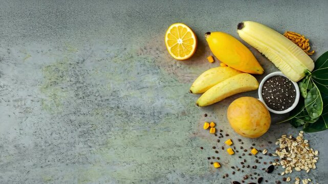 yellow fruits mango banana lemon and seeds scattered on grey textured surface, healthy concept