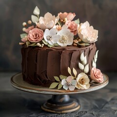 Beautiful cake decorated with pastel flowers and green leaves, perfect for celebrations and special occasions