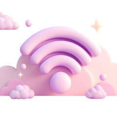 Obraz premium A pastel wifi symbol on a cloud with stars and spheres in a dreamy aesthetic against a black background isolated with white background