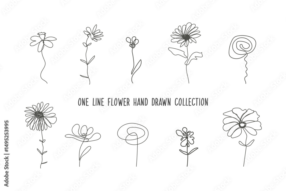 Poster one line art flower vector collection - hand drawn design. beautiful outline blooming elegant sketch