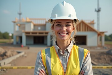 Confident female building inspector with hardhat supervising construction site progress and safety with a smile.