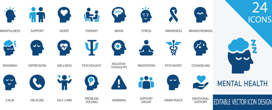 A modern collection of black vector icons representing key mental health concepts, including therapy, self-care, emotional support, mindfulness, awareness, brain wellness, and more.