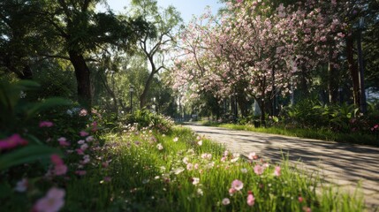 Fototapeta premium Blossoming Cherry Trees Lining Park Path in Springtime, Showcasing Serenity and Renewal for Nature Tourism Marketing : Generative AI