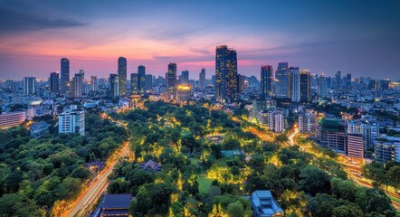 Obraz premium City Forest: Modern Bangkok Cityscape with Lush Green Surroundings