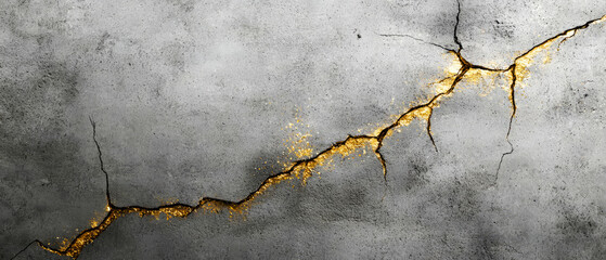 Obraz premium Texture abstract background with grey kracked concrete wall with glowing golden veins. 
