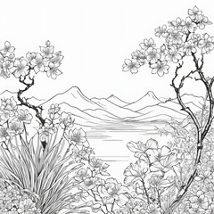Serene Black and White Landscape Drawing Mountains, Lake, and Cherry Blossoms