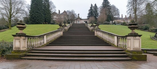 Grand staircase leading towards a historical building in a lush, natural park setting