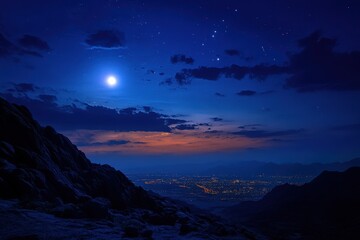Fototapeta premium City Sky Night. Stunning Night Sky in Dubai with Moon, Stars, and Mountain Landscape