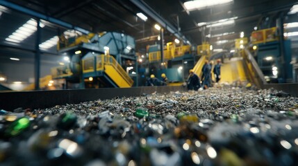 Obraz premium Recycling Plant Conveyor Belt with Workers Sorting Waste, Illustrating Environmental Responsibility and Sustainable Manufacturing Practices : Generative AI
