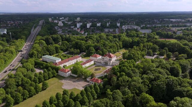 Drone footage of Fuerstenried Castle in southern Munich. Historic Baroque hunting lodge with symmetrical gardens and pastoral surroundings, ideal for cultural and travel themes. Schloss Furstenried. 