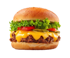 Juicy cheeseburger with fresh lettuce and tomato sandwich for lunch on a transparent background, cut out