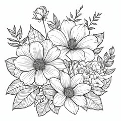 Elegant Monochrome Floral Bouquet Illustration Line Art Flowers and Leaves