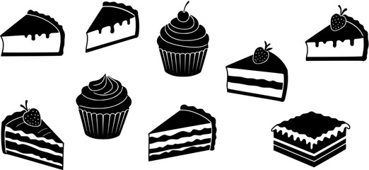 Traditional European and American dessert and popular cake black silhouette icons set on white. Vector stencil clipart, minimalist bakery sign or logo design. Cheesecake, cupcake, brownie and tiramisu