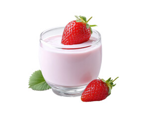Strawberry yogurt dessert with fresh berries and mint leaves on a transparent background, cut out