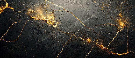 Fiery textured cracked black surface with glowing golden veins, ideal for intense, abstract background.