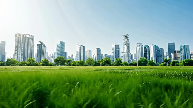 Green City Skyline: A vibrant green field stretches out before a modern cityscape, showcasing a harmonious blend of nature and urban development. The scene evokes a sense of balance and progress. 