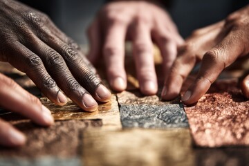 Diverse Hands Touching Interlocking Tiles, Symbolizing Collaboration and Global Unity in Business and Community Projects : Generative AI