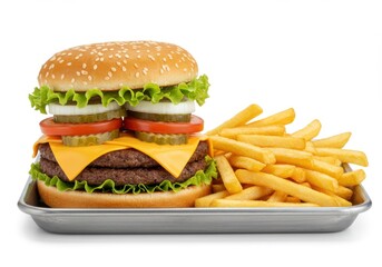 Double cheeseburger and fries isolated on white background for menu design, advertising.