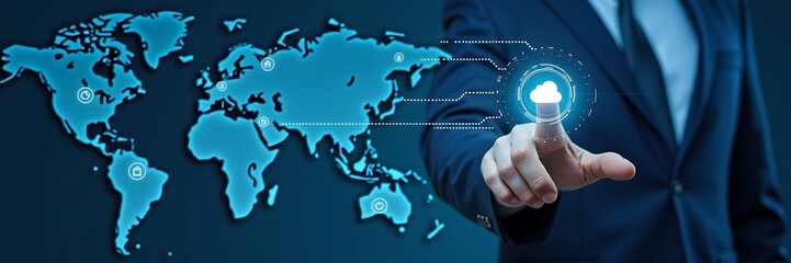 Obraz premium A hand pushing a digital button on a futuristic global network screen