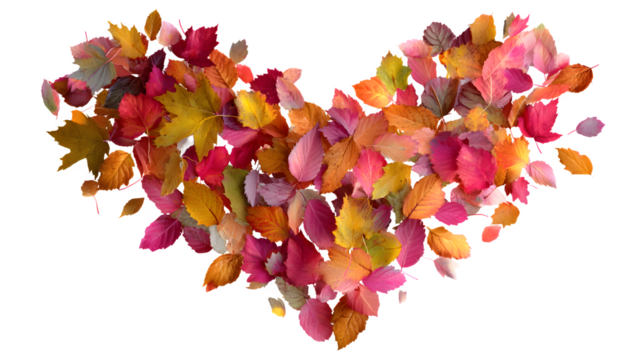 fall leaves forming a heart shape, colorful and realistic, isolated on transparent background