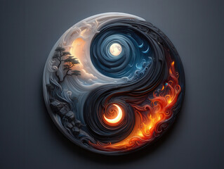 Circular Taijitu symbol, contrasting nature scenes, spiritual art.