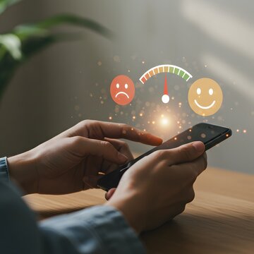 Customer Feedback Analysis on Mobile Phone Screen Showing Satisfaction Level