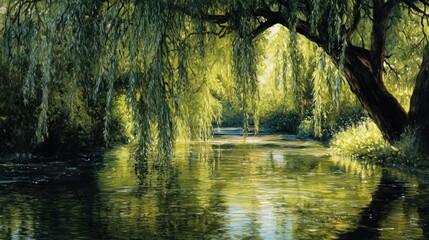 Serene weeping willow reflections on a tranquil, light-dappled river surface