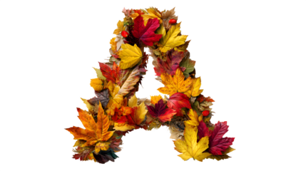 realistic autumn leaves arranged to form a letter "A", isolated on transparent background