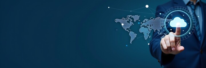 Young woman with digital tablet touching virtual world map for global business communication network design