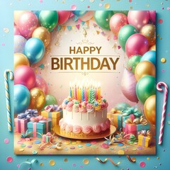 birthday cake with candles,birthday cake with candles, Colorful Birthday Party Celebration with Cake, Balloons, and Gifts – 3D Illustration , happy birthday card
