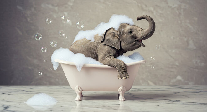 Playful elephant bathing in bubble-filled bathtub