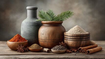 ancient Ayurvedic medicine remedy preparation ingredient. various spices in wooden bowls and containers, accented by a grey bottle and greenery. traditional culinary