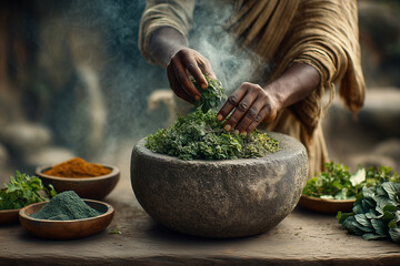 ancient traditional Ayurvedic herbal medicine remedy preparation ingredient. person's hands add fresh herbs to stone mortar, steam rising.  Surrounding bowls hold various spices and herbs