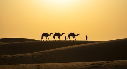 Silhouetted camels and their handlers traverse the undulating dunes under a golden sunset, capturing the serene beauty of the desert landscape.
