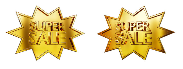 Golden star badge with the word SUPER SALE isolated on transparent background. 3D render.