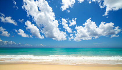 Obraz premium Stunning Beach Scene Turquoise Waters, White Sand, and Blue Sky with Fluffy Clouds