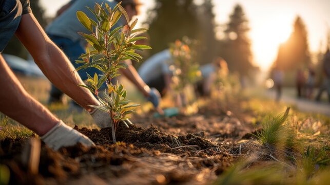 Volunteers Planting Seedlings at Sunset, Demonstrating Corporate Social Responsibility and Environmental Stewardship : Generative AI