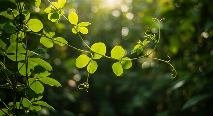 Green Vine Growing in Sunlight Through Forest Canopy