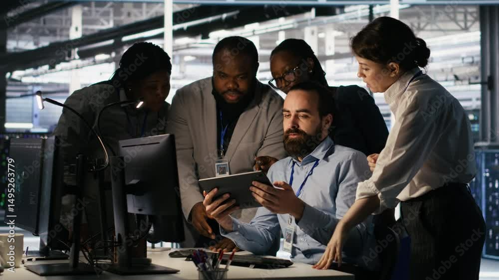 Poster data center system administrators performing maintenance on supercomputers used for ai processing. t