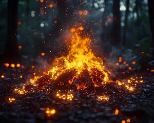 A roaring bonfire in a dense forest with glowing embers dancing in the air