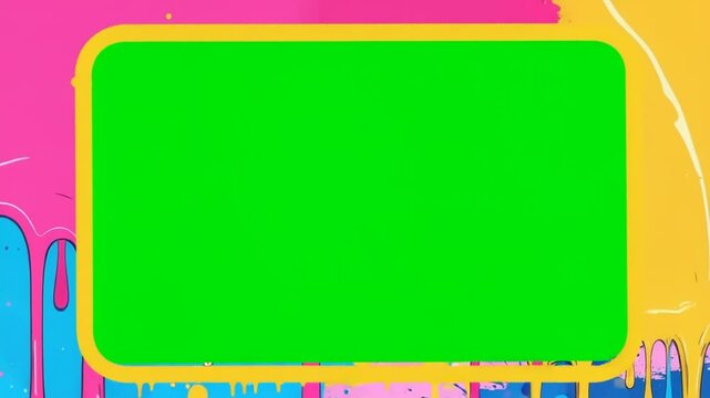 Cartoon Alien Points at Green Screen Reveal Surrounded by Colorful Border Frame