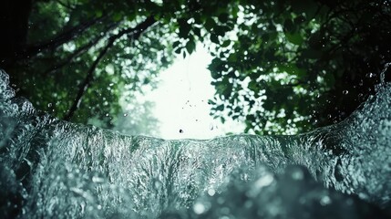 Obraz premium The view from behind a waterfall offers a stunning contrast of the rushing water against the still, green rainforest below.