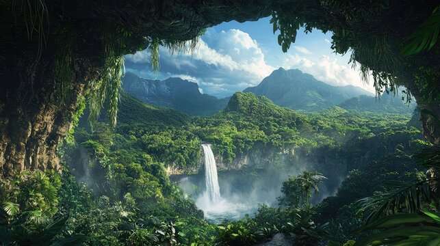 The view from behind a waterfall shows the endless expanse of the rainforest below, with mist rising and creating a mystical atmosphere.